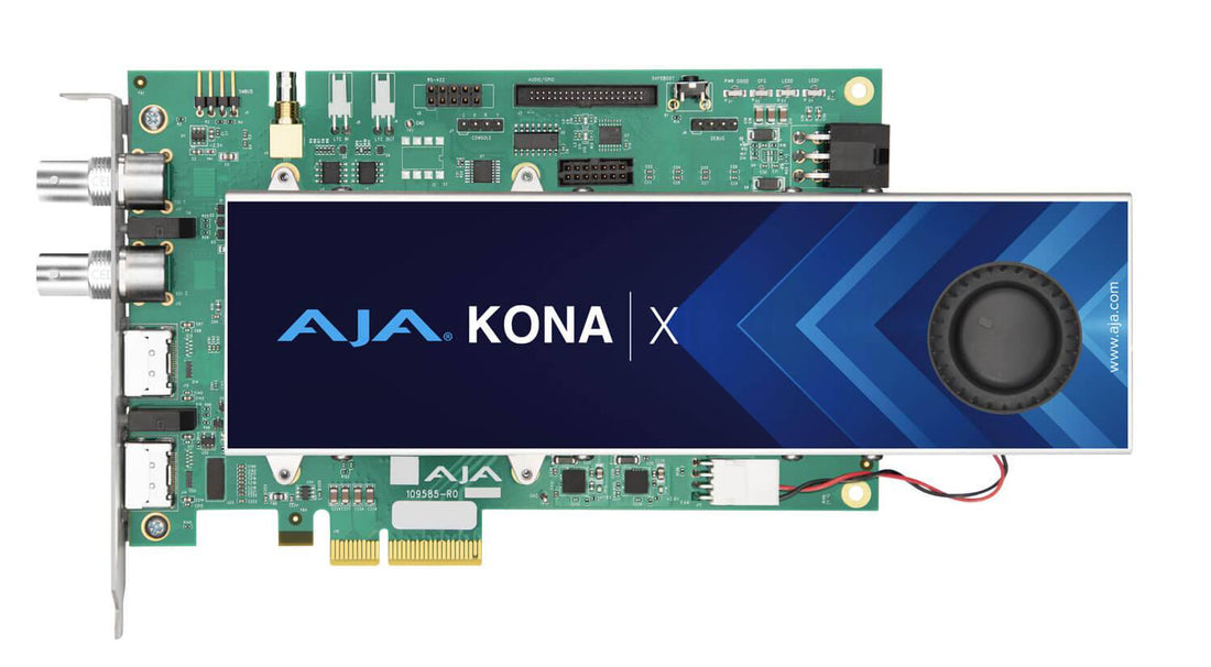 AJA KONA X video capture card shown from the side, featuring multiple input ports and a sleek black design. – image 2