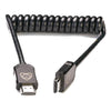 Atomos AtomFLEX coiled HDMI cable, 12 to 24 inches, with gold-plated connectors and flexible braided design for high-quality video transfer.