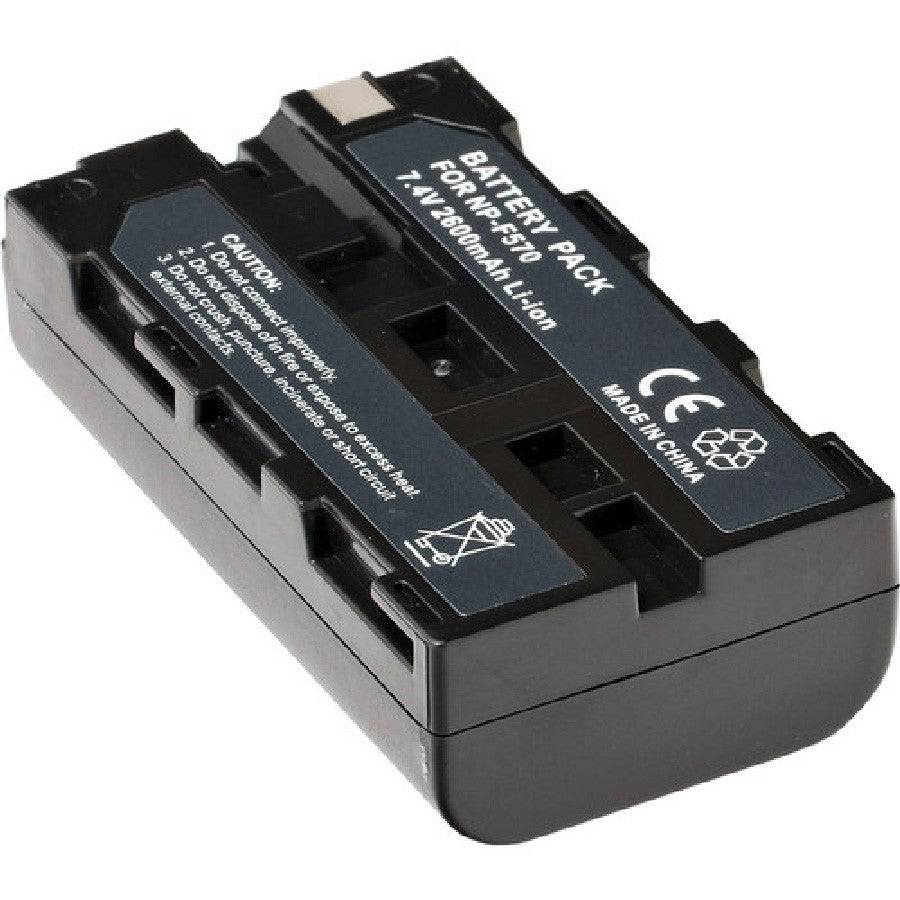 Atomos ATOMBAT001 2600mAh NP-F570 battery with label and connectors, designed for camera and monitor power supply. – image 2