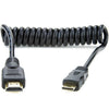 Atomos HDMI cable with full-sized to mini HDMI connector, coiled design, 11.8 to 17.7 inches, ideal for camera and device connections.