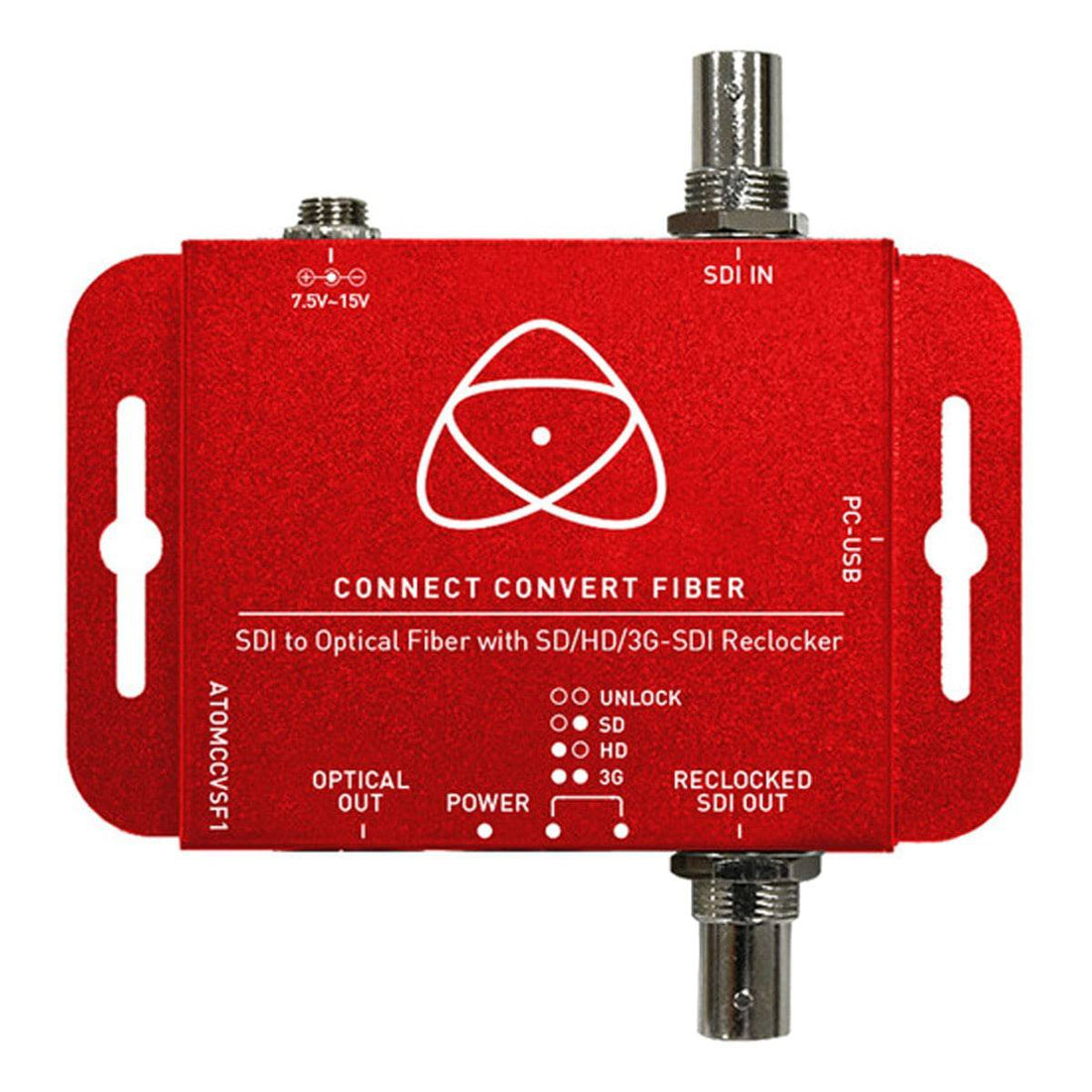Atomos Connect Convert Fiber SDI to Fiber video converter showing ports and fiber optic cables connection. – image 1