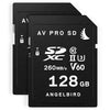 Two Angelbird 128GB AV Pro MK2 UHS-II SDXC memory cards for high-speed storage, shown with top labels visible.
