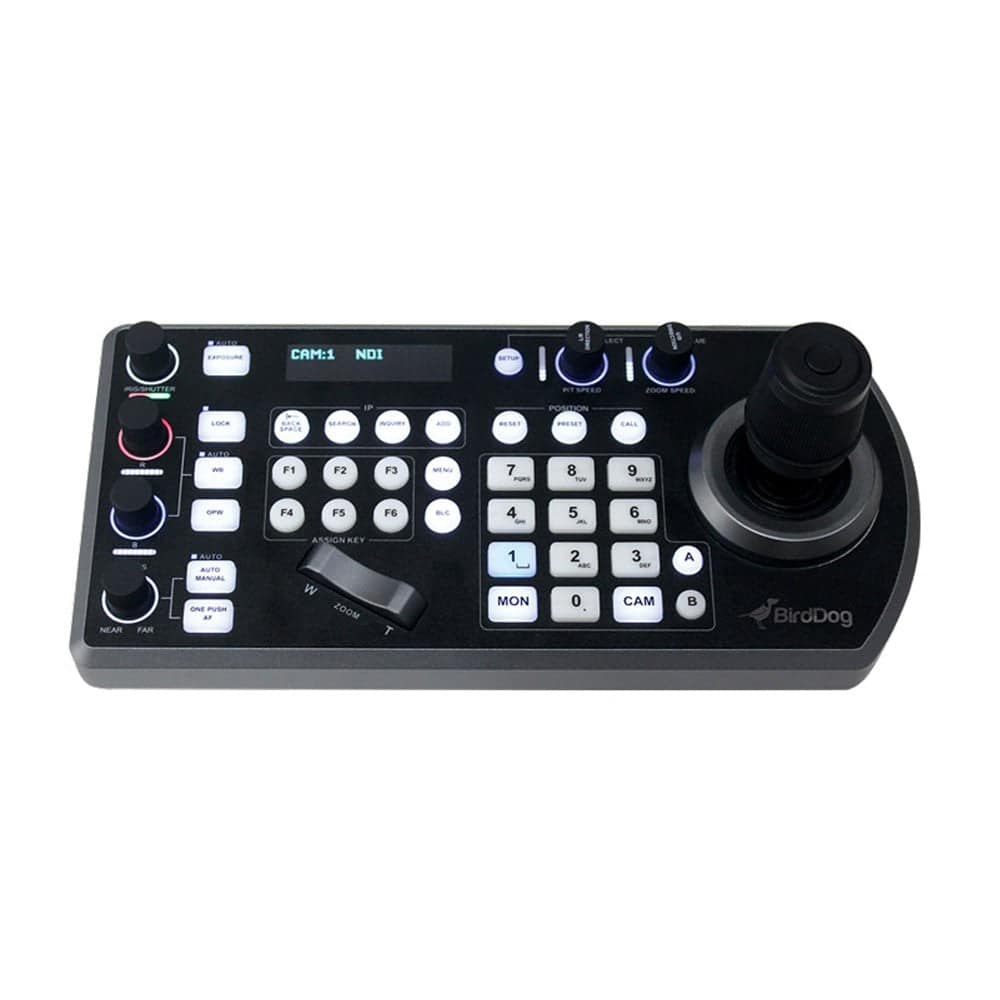 BirdDog 3x P200 Full NDI PTZ cameras bundle with controller and white PTZ cables, suitable for professional video production. – image 4