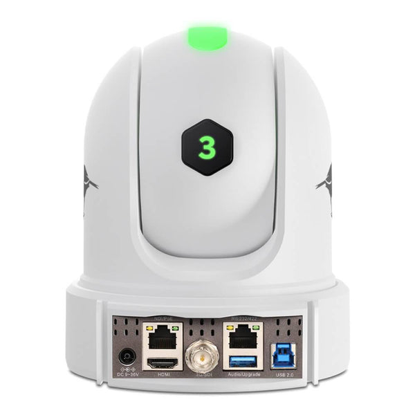 Rear view of BirdDog P110 10x Full NDI PTZ Camera in white, showing connection ports and adjustable mounting bracket. – image 2