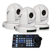 White BirdDog 3x P200 NDI PTZ cameras bundle with controller, showcasing the sleek PTZ cameras and cabling setup.