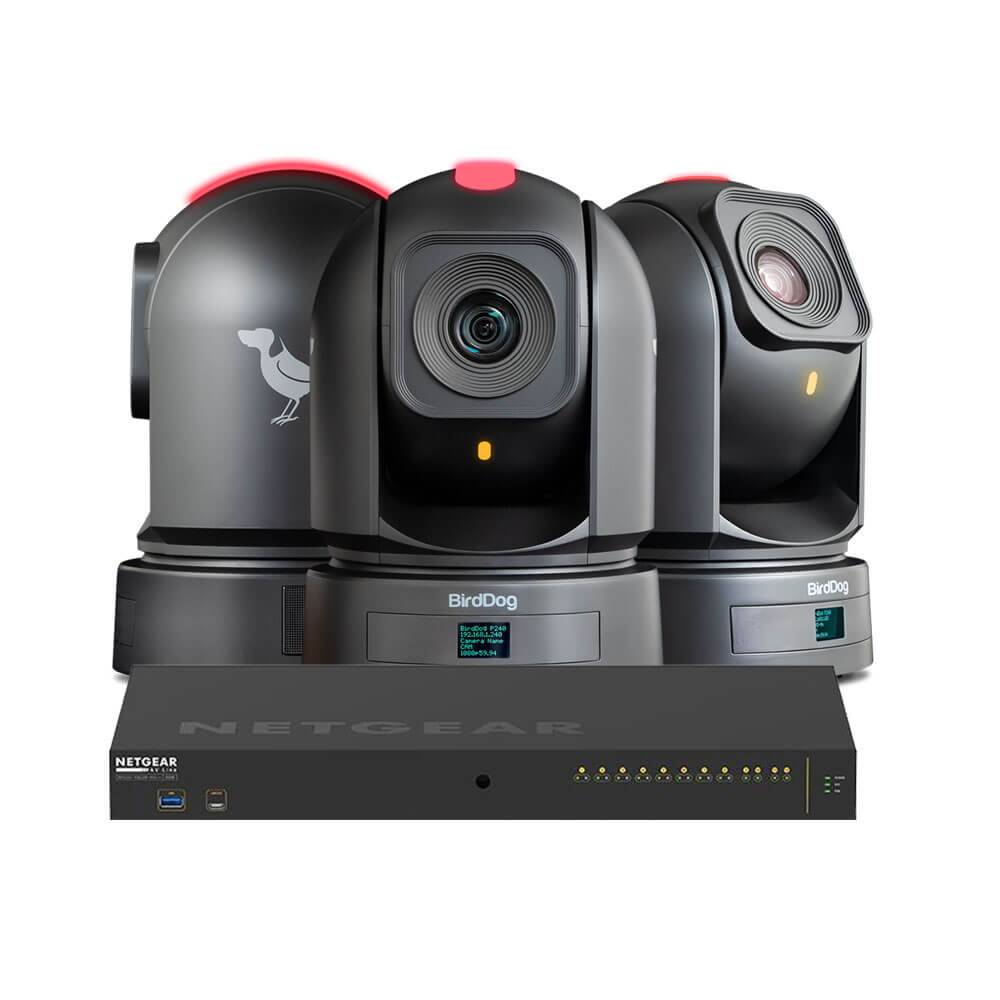 BirdDog 3x P240 PTZ cameras and NETGEAR GSM4212UX switch bundle with black cables, ideal for professional video surveillance systems. – image 1