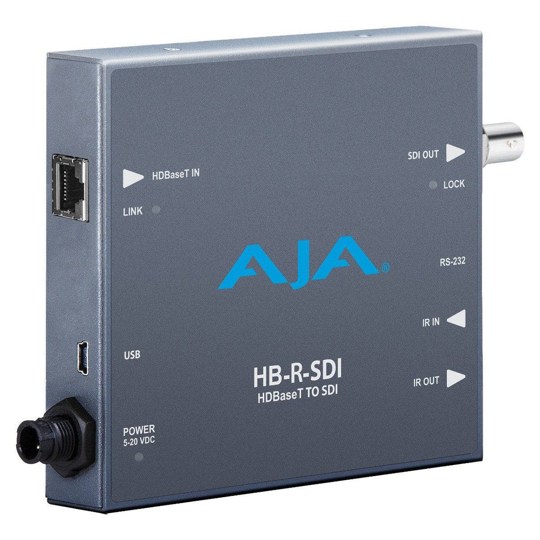 AJA HB-R-SDI HDBaseT to SDI video converter receiver with ports and connection indicators on a professional device. – image 1