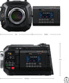 Blackmagic Design URSA Cine 17K 65 cinema camera body showing front and side view with dimensions and control buttons.
