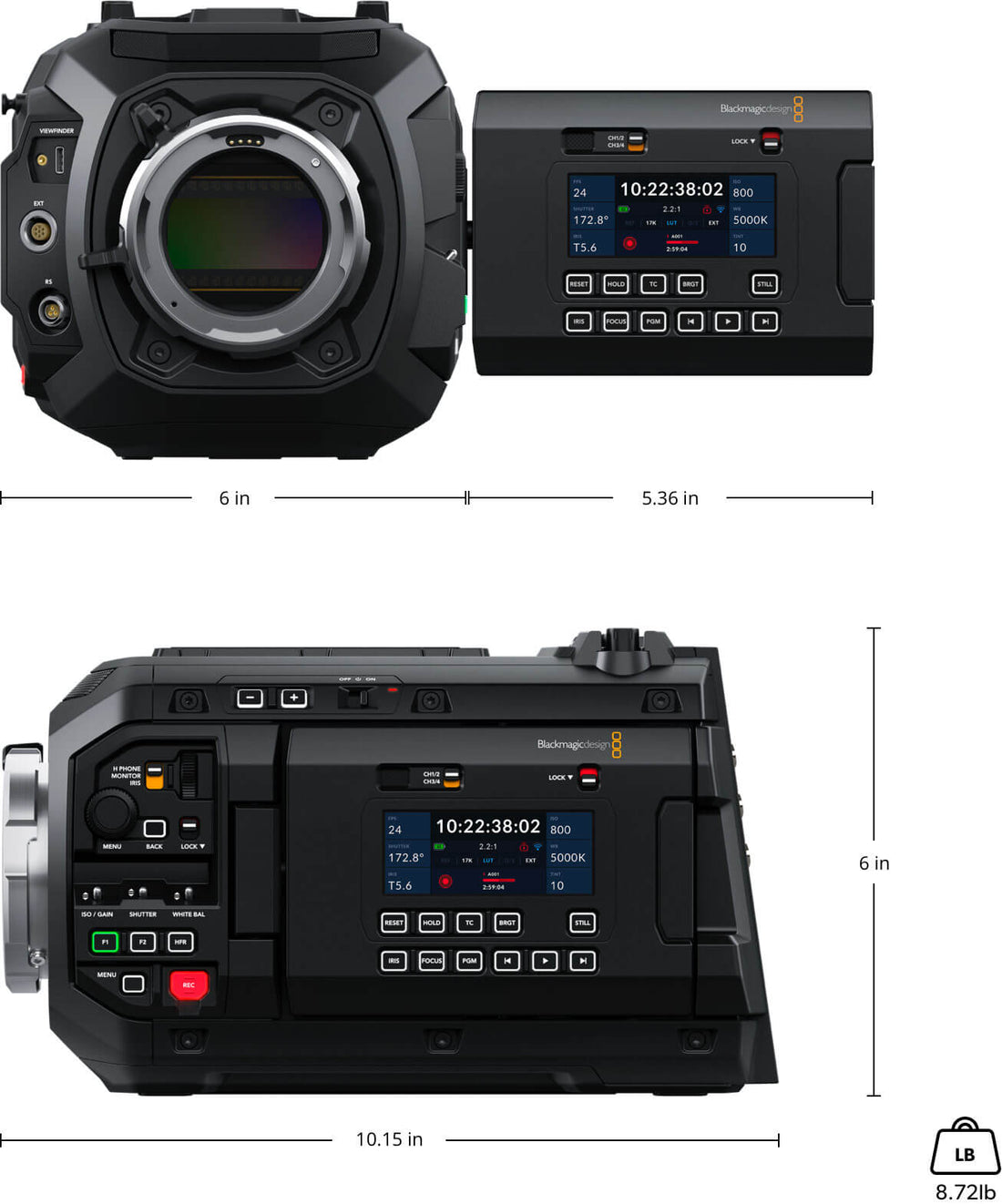 Blackmagic Design URSA Cine 17K 65 cinema camera body showing front and side view with dimensions and control buttons. – image 3