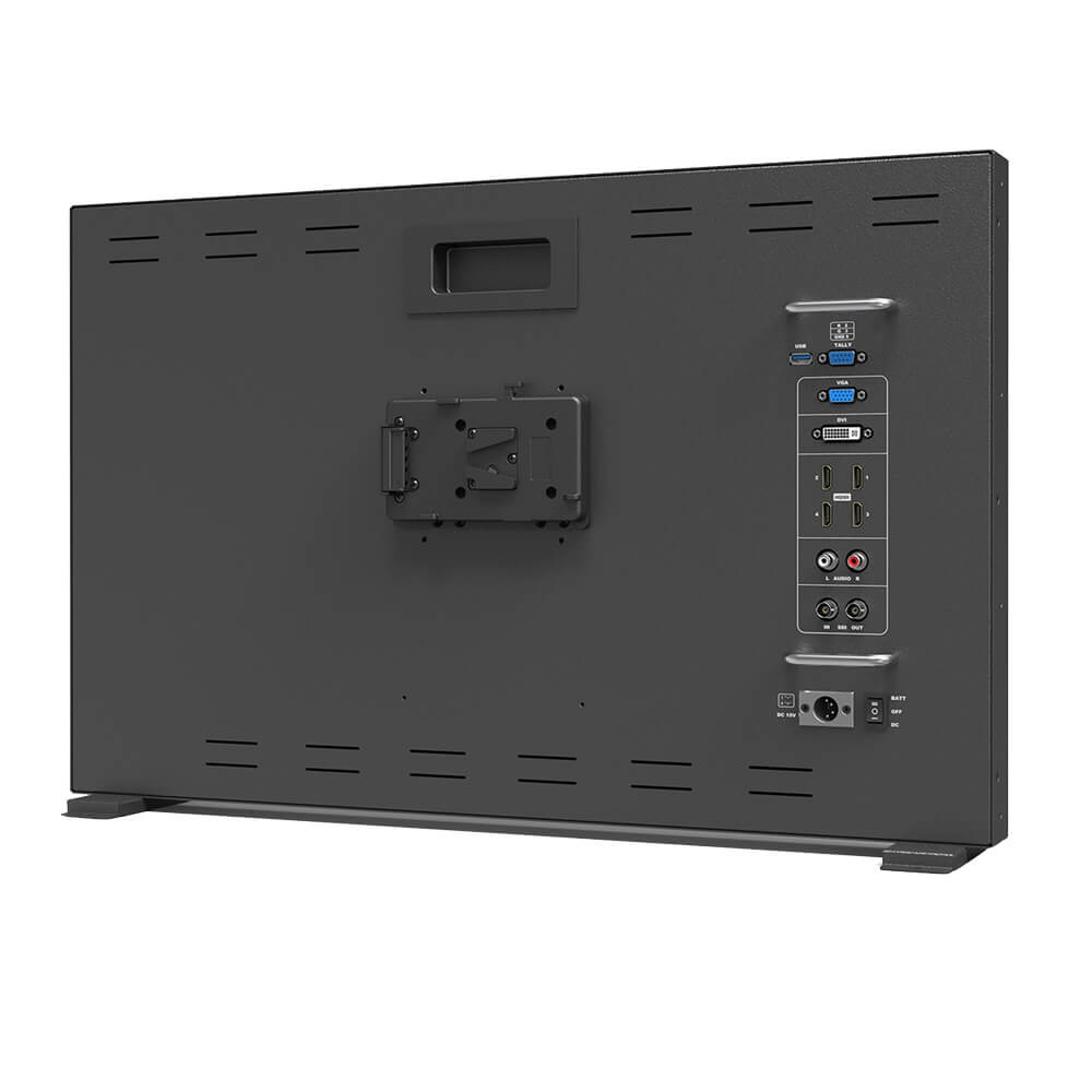 Lilliput BM280-4K 3G-SDI/4K HDMI director monitor with V-mount, rear view showing connection ports and mounting options. – image 3