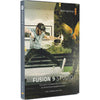 Blackmagic Design Fusion 19 Studio USB dongle for visual effects software, with branding and product packaging visible.