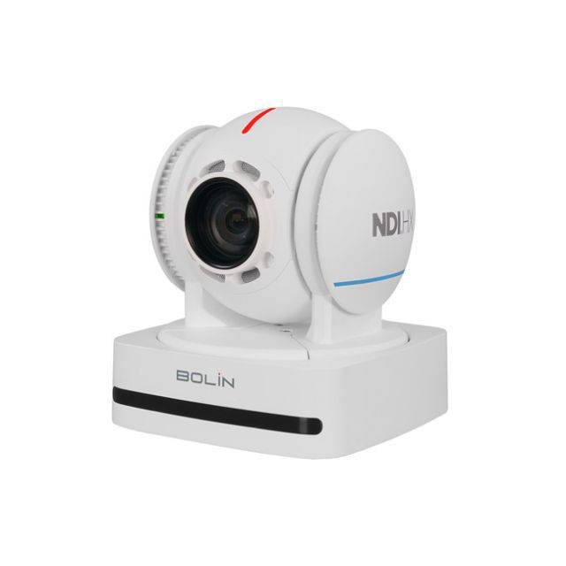 Bolin Technology N2-220X FHD NDI|HX3 PTZ camera in white, showing adjustable lens and control buttons on the device – image 1