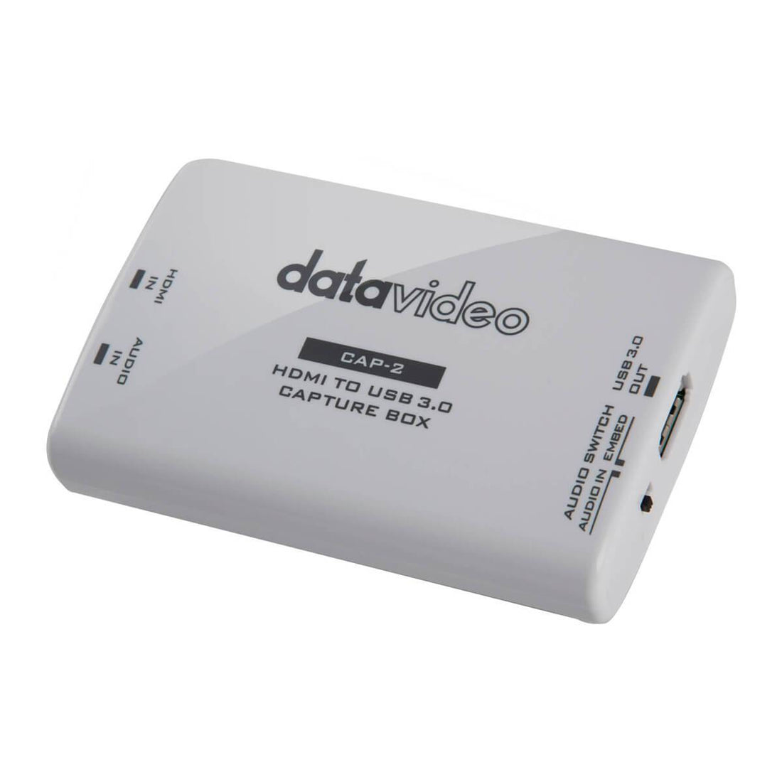 Datavideo CAP-2 HDMI to USB 3.0 video capture device showing HDMI input port and USB output connection. – image 1