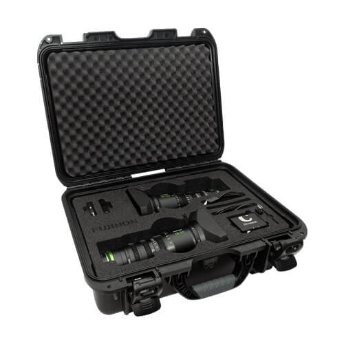 Fujinon MK pair servo kit with MK50-135mm and MK18-55mm MFT mount lenses and case, displayed with Chrosziel zoom control kit. – image 3