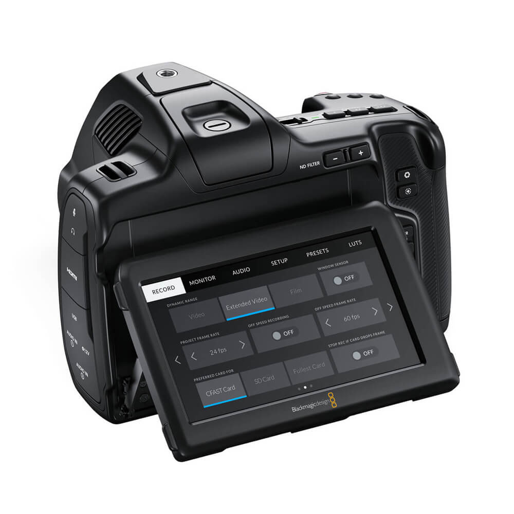 Blackmagic Design Pocket Cinema Camera 6K Pro cinema camera with open box, showing the camera's screen and design features. – image 2