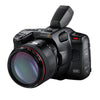 Blackmagic Design Pocket Cinema Camera Pro EVF attached to the camera, showing detailed viewfinder display for professional filming.