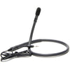 Azden CM-20 unidirectional collar microphone for wireless transmitters, shown in front view with compact design and clip attachment.