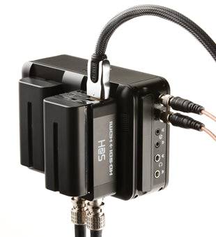 Atomos Connect Battery Converter H2S for HDMI to SDI video conversion, shown attached to a professional camera rig. – image 8