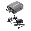 Blackmagic Design HDMI to SDI 3G video converter with power supply shown, compact device for professional video signal conversion.