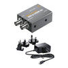 Blackmagic Design Micro Converter SDI to HDMI 3G video converter with power supply, shown connected to a display device.