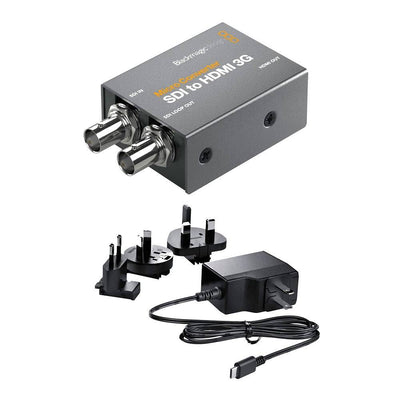 Blackmagic Design Micro Converter SDI to HDMI 3G video converter with power supply shown in image.