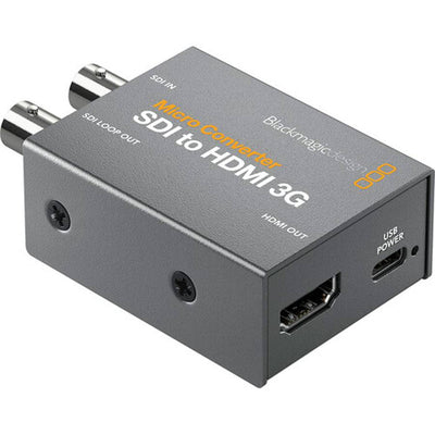 Blackmagic Design Micro Converter SDI to HDMI 3G with power supply, compact video converter device with ports on the side