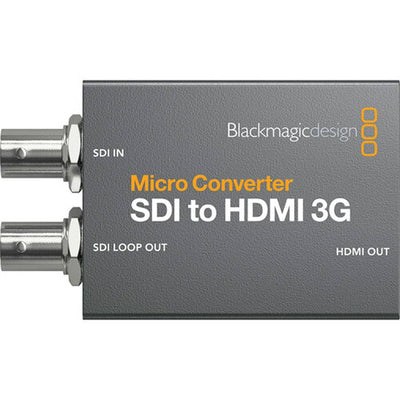 Blackmagic Design Micro Converter SDI to HDMI 3G video converter with power supply, shown from top view.