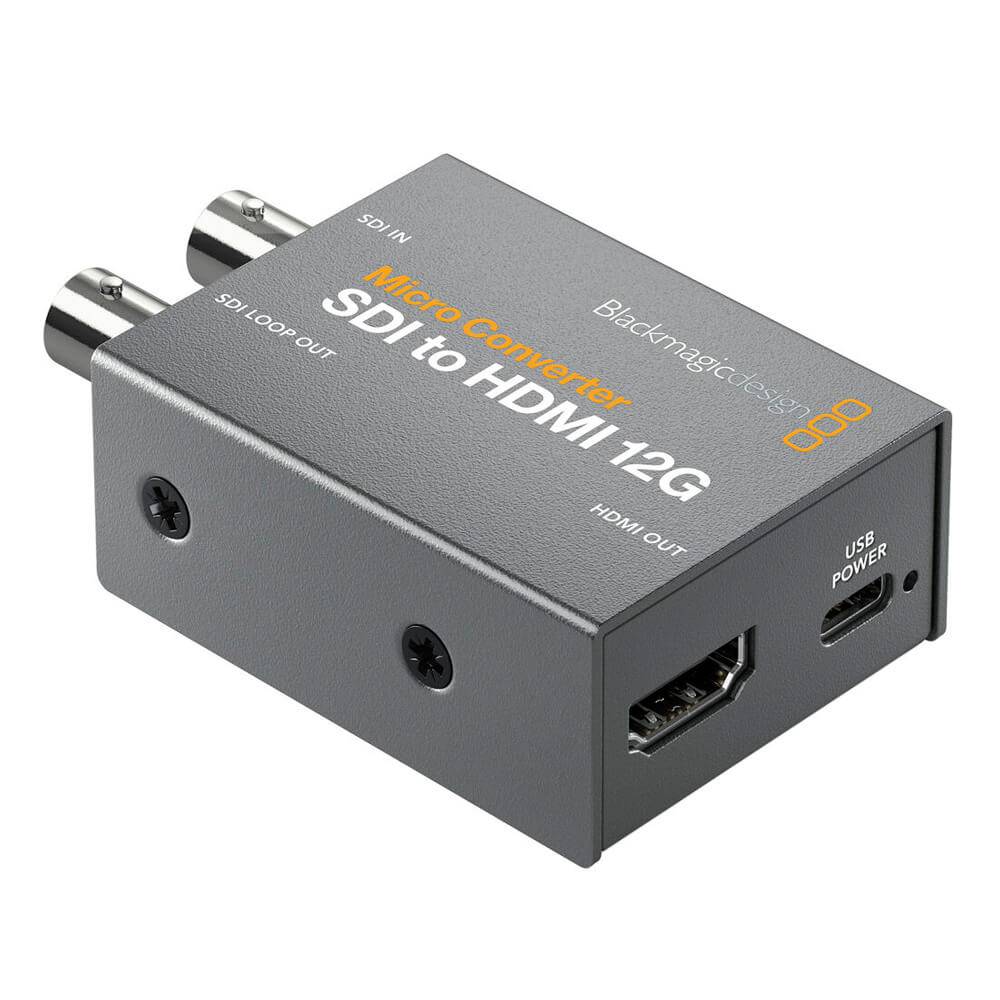 Blackmagic Design SDI to HDMI 12G Micro Converter showing front view with SDI and HDMI ports on a compact device – image 1