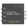 Blackmagic Design Mini Converter Audio to SDI 4K video converter with front panel controls and input/output ports.
