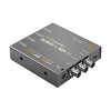 Blackmagic Design Mini Converter Audio to SDI 4K video converter with input and output ports, compact black device on a white background.