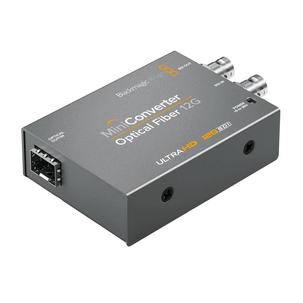 Blackmagic Design Mini Converter Optical Fiber 12G showing top view, compact fiber converter device with ports and branding. – image 2