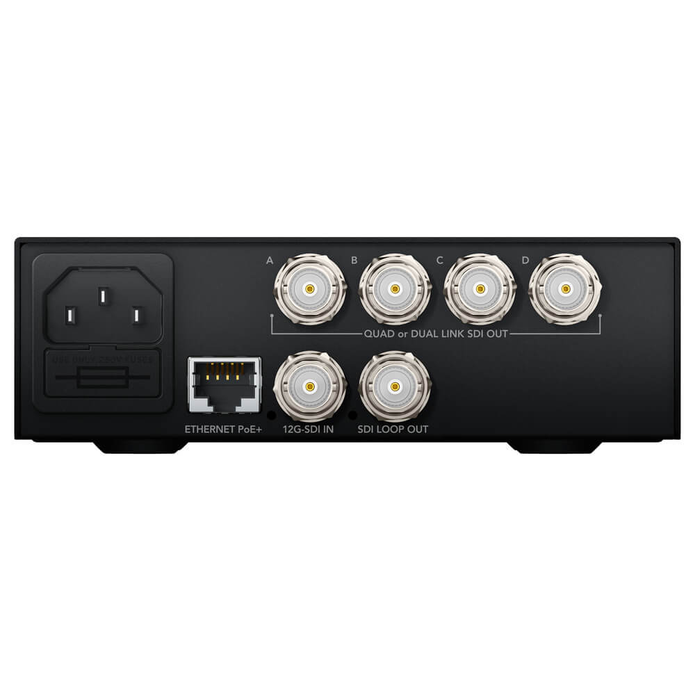 Blackmagic Design Teranex Mini 12G-SDI to Quad SDI Converter showing rear ports and connections on a professional video converter device. – image 2