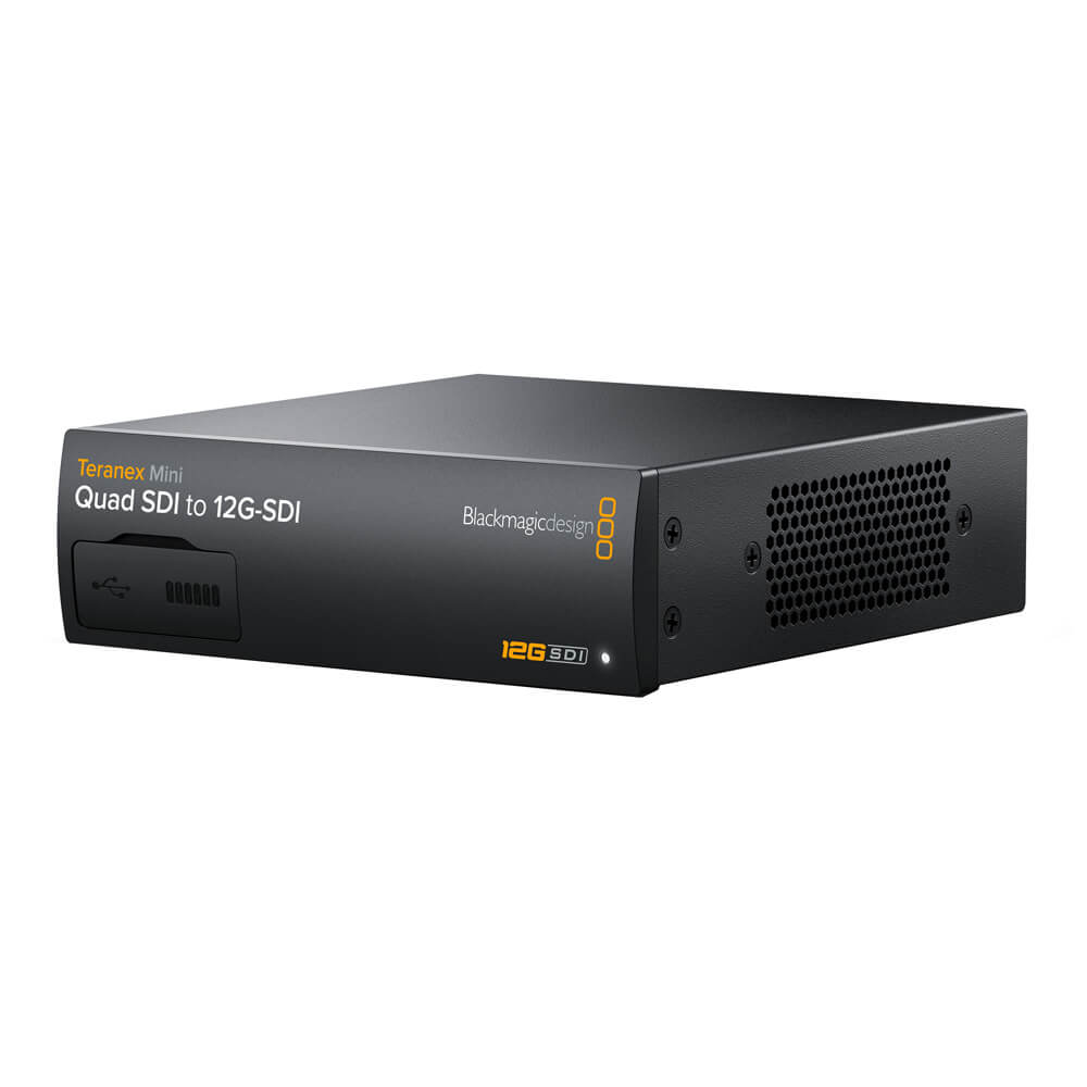 Blackmagic Design Teranex Mini Quad SDI to 12G-SDI video converter showing multiple SDI input and output ports on the device – image 1