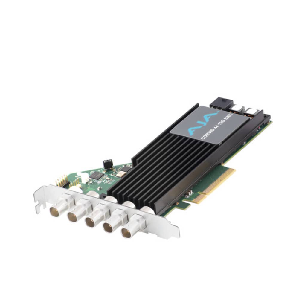 AJA Corvid 44 12G PCIe video capture card with BNC I/O, tall bracket, fan, and included cables for professional SDI video input. – image 1