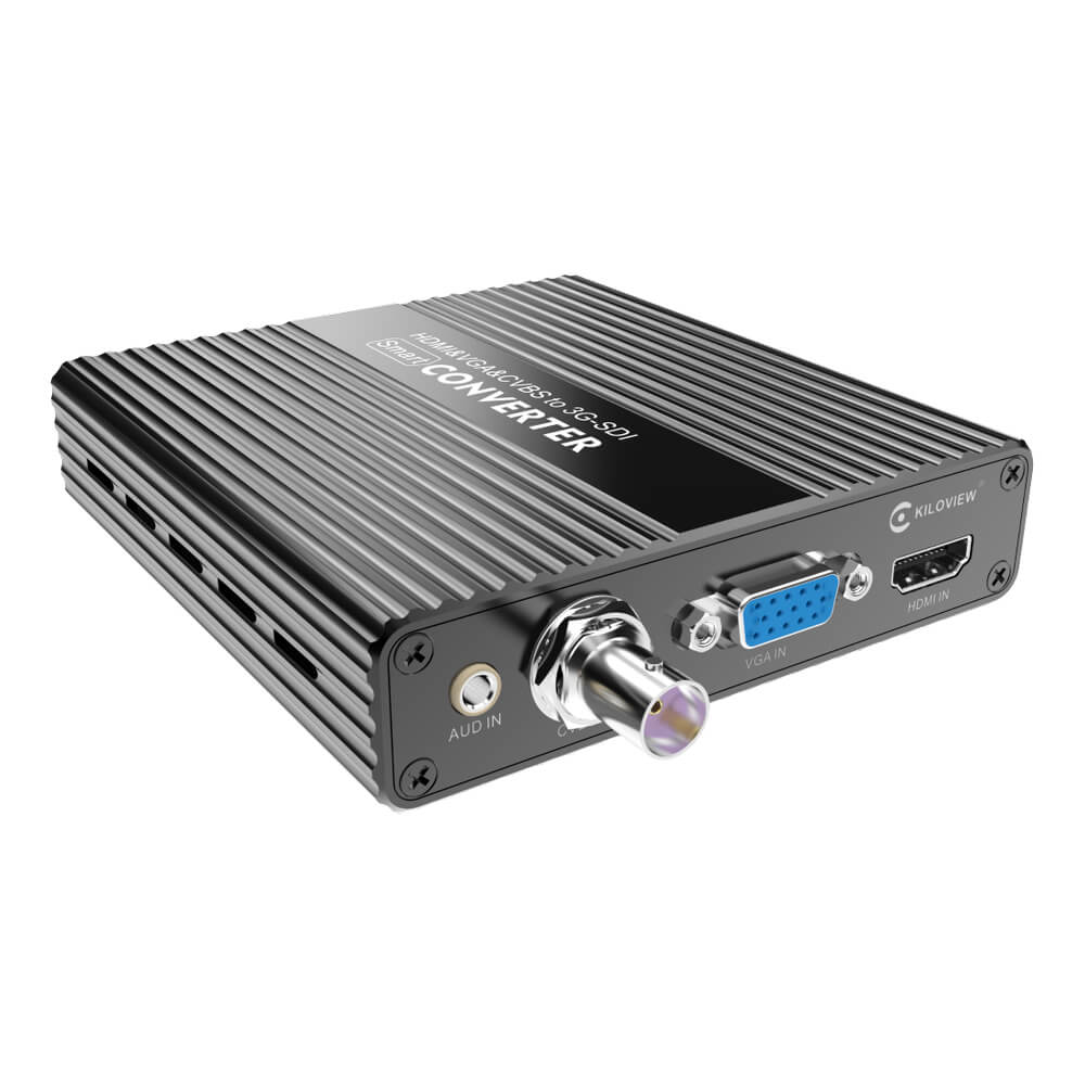 Kiloview CV190 HDMI to SDI video converter showing connection ports on production equipment for broadcast video conversion. – image 2
