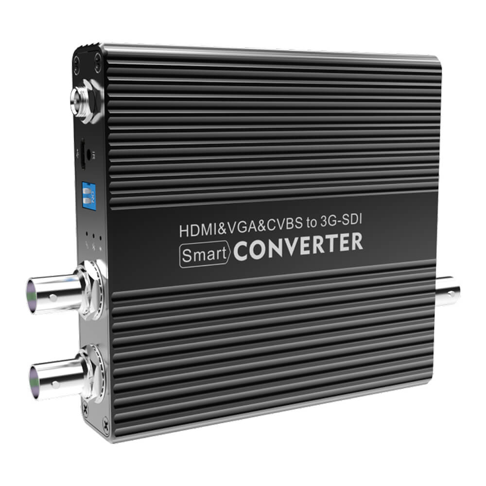 Kiloview CV190 broadcast-grade HDMI to SDI video converter showing side view with input and output ports on production equipment – image 1