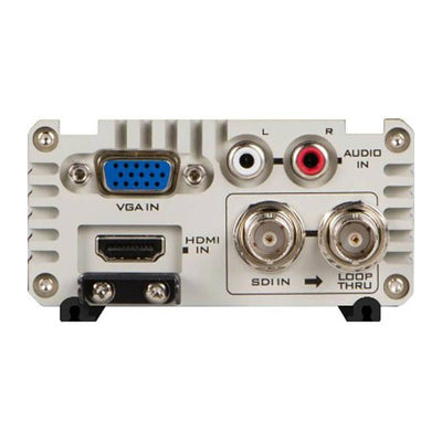 Datavideo DAC-70 back view showing input/output ports for up/down/cross conversion in production equipment setup.
