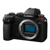 Panasonic Lumix S5 4K mirrorless digital camera with a sleek black body, featuring a large lens mount and control dials.