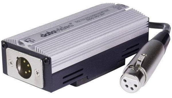 Datavideo DDC-4012H in-line XLR DC-DC power converter showing XLR connection and voltage adjustment buttons. – image 1