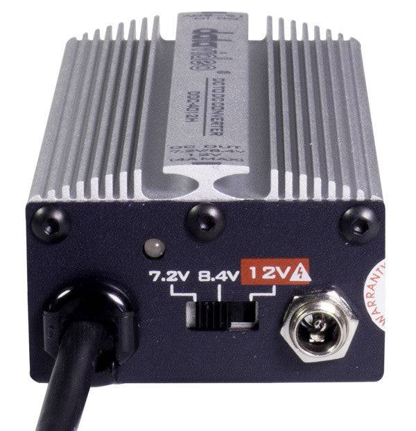 Rear view of Datavideo DDC-4012H In-Line XLR DC-DC Converter showing input and output connections for 7.2V, 8.4V, and 12V power. – image 2