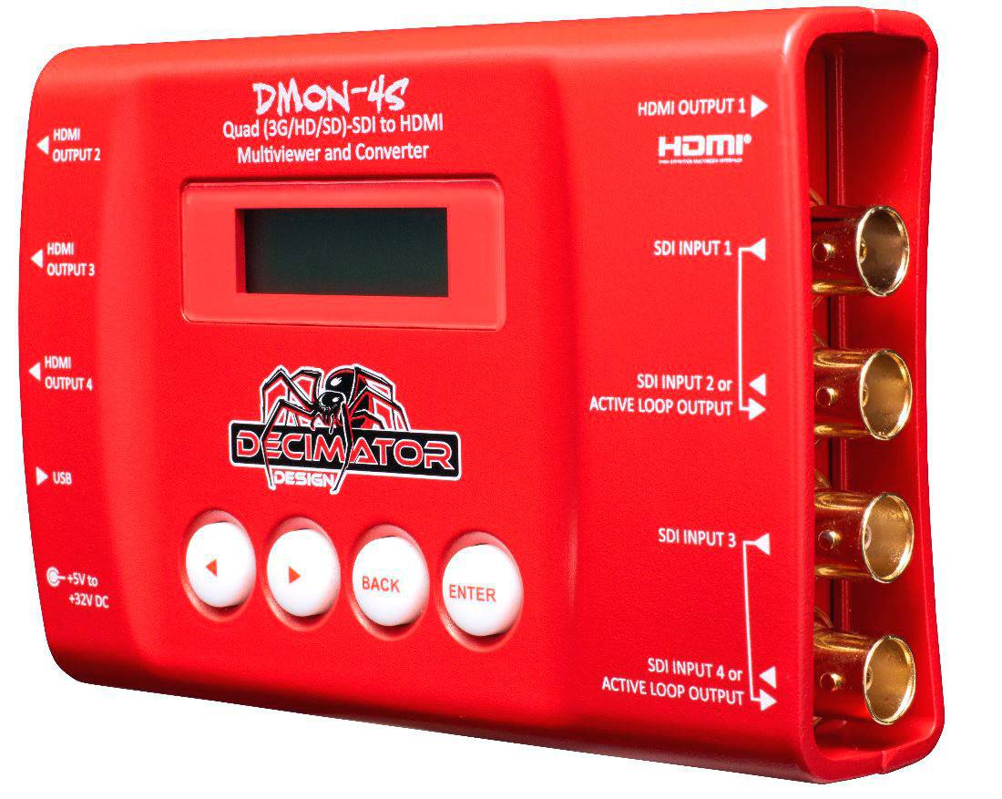 Decimator Design DMON-4S quad SDI to HDMI converter with multi-viewer display, showing multiple video feeds on a monitor. – image 2