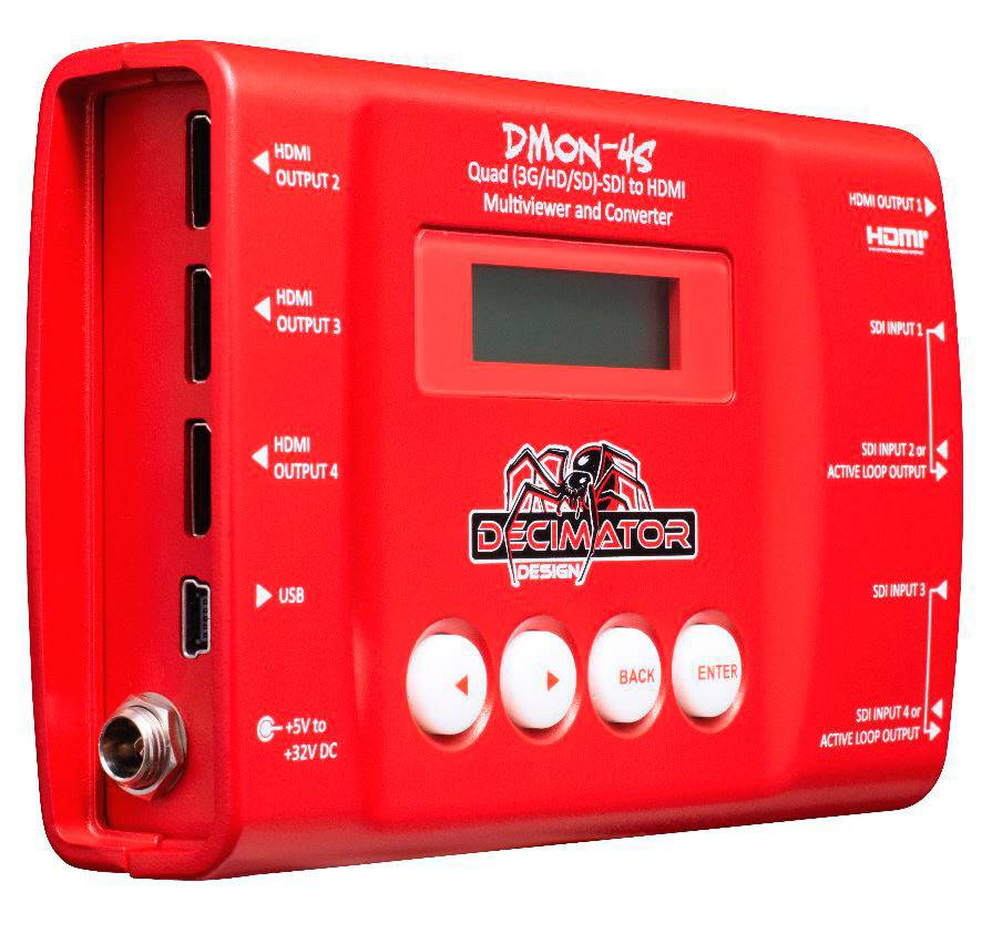 Decimator Design DMON-4S quad SDI to HDMI converter with multi-viewer display showing four SDI input signals on screen. – image 3