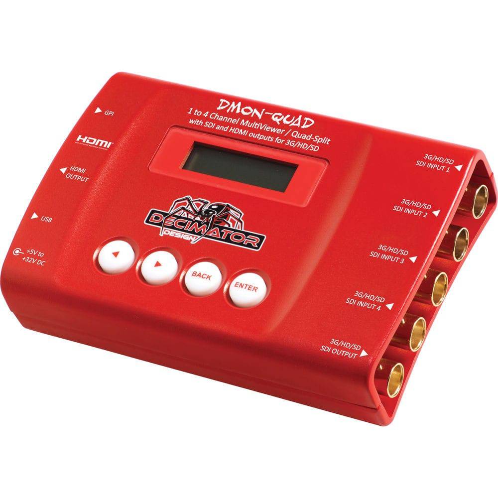 Decimator Design DMON-QUAD 4-channel 3G-SDI multiviewer displaying four video feeds on a monitor. – image 1