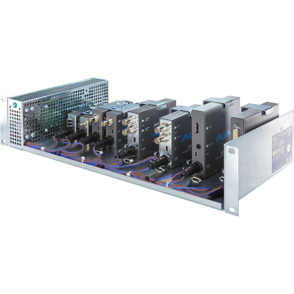 AJA DRM rackmount frame with rack shelf for mini-converters, shown with mounted equipment in a professional server rack. – image 1