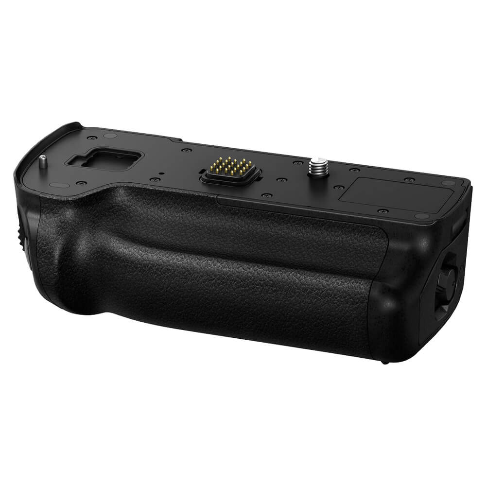 Panasonic DMW-BGGH5 battery grip attached to Lumix GH5 mirrorless camera, enhancing grip and battery capacity for video recording. – image 1