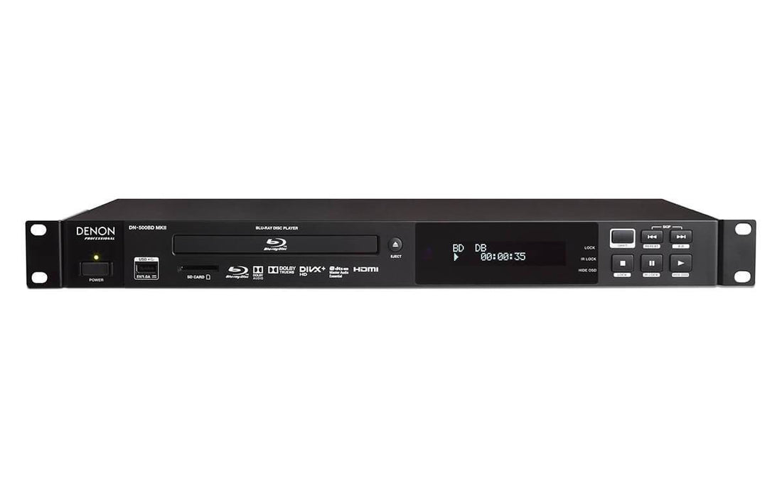 Denon DN-500BDMKII professional rackmount Blu-ray disc and media player for production equipment, with front panel controls and display. – image 1