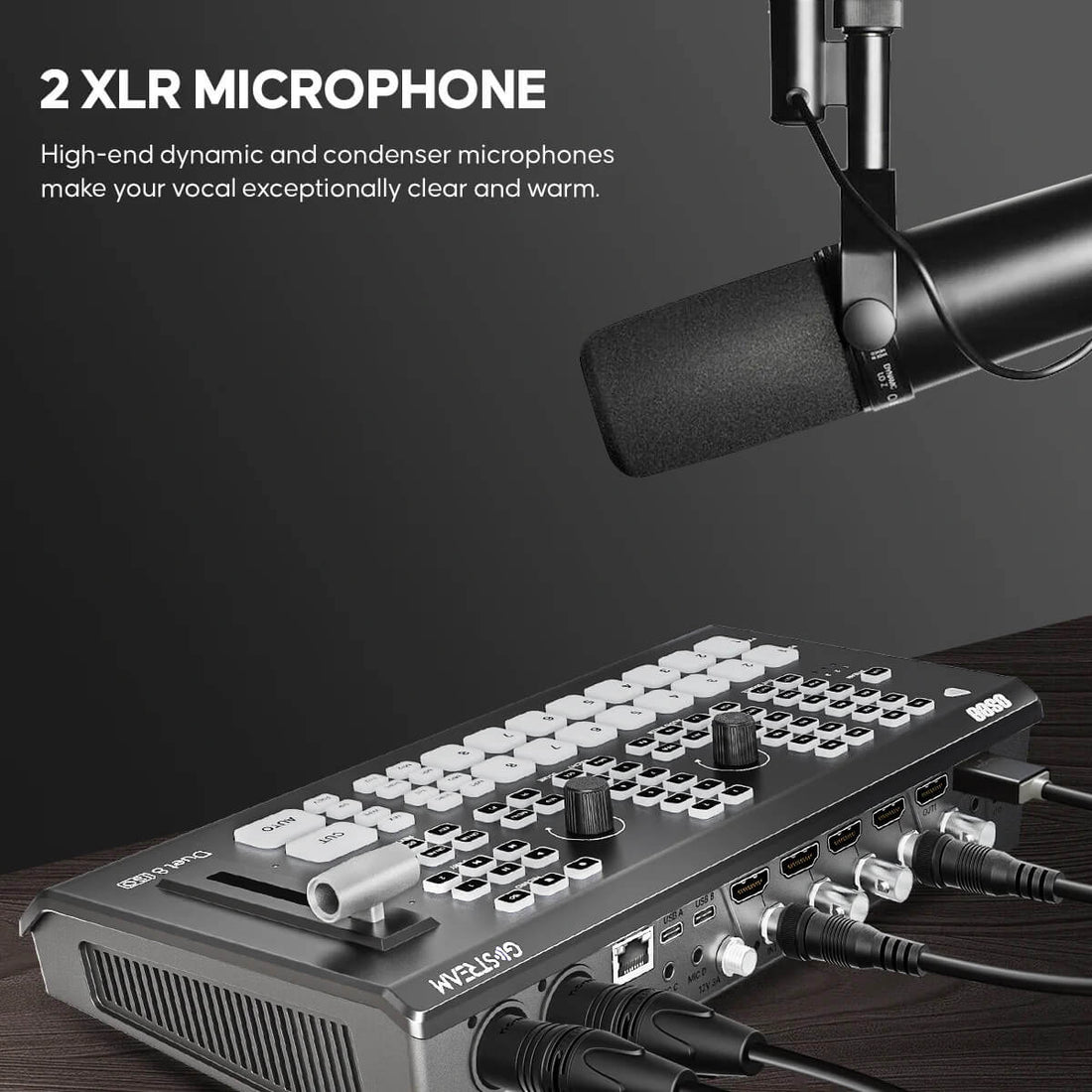 OSEE GoStream Duet 8 ISO 8-channel video switcher with two XLR microphones connected, used for live streaming productions. – image 3