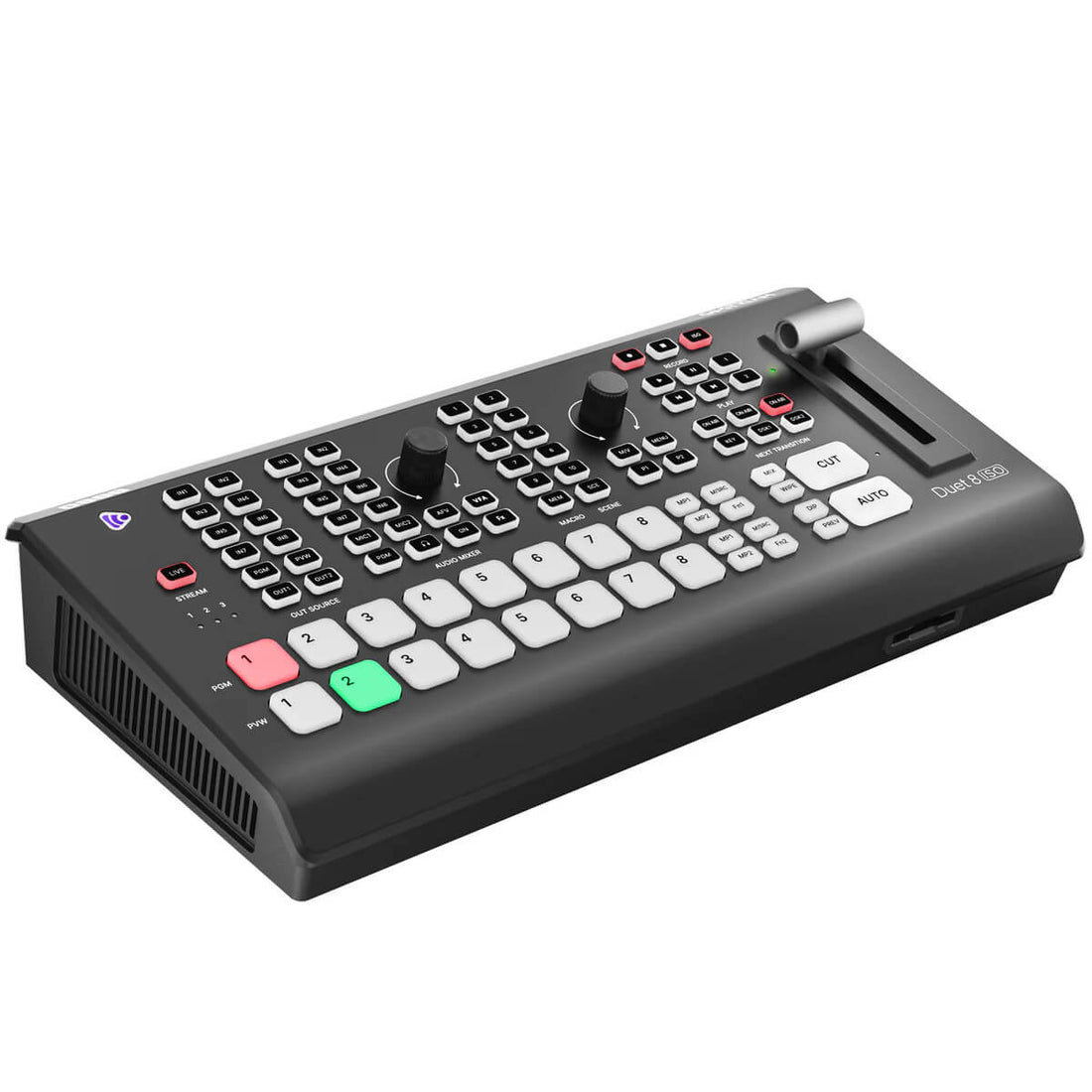 OSEE GoStream Duet 8 ISO video switcher interface with function keys and display, 8-channel live stream switcher for professional broadcasting. – image 1