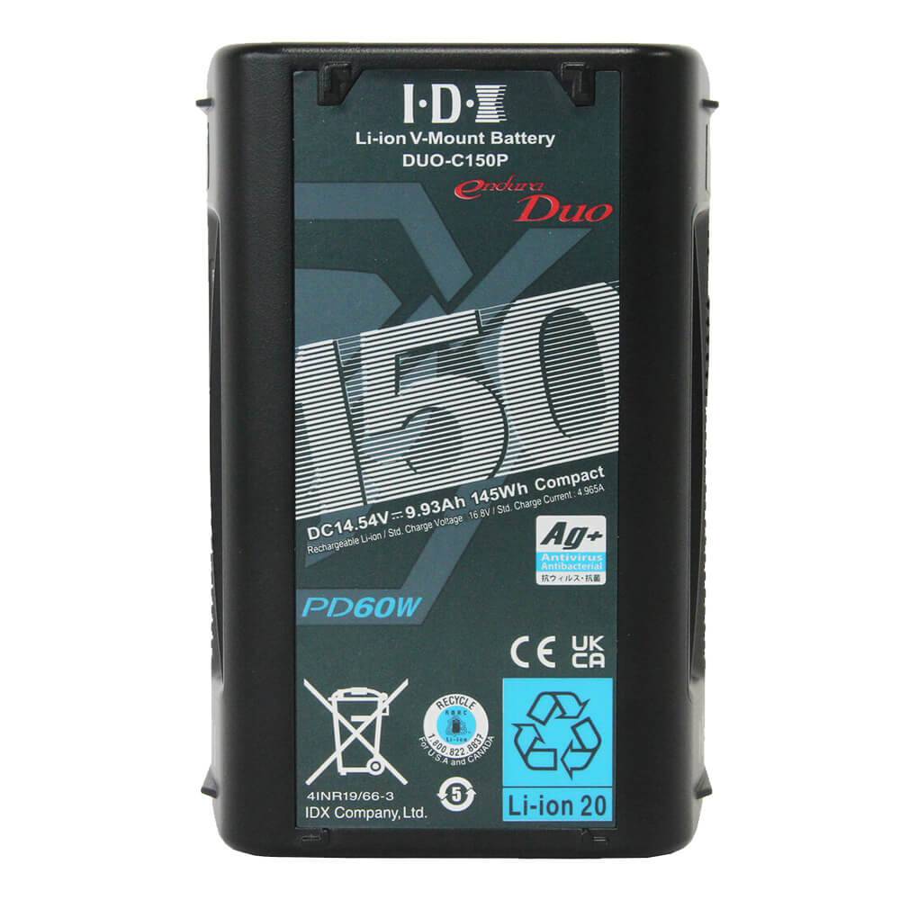IDX System DUO-C150P 145Wh high-load V-mount Li-Ion battery for video cameras, shown with V-mount connector and battery label. – image 1