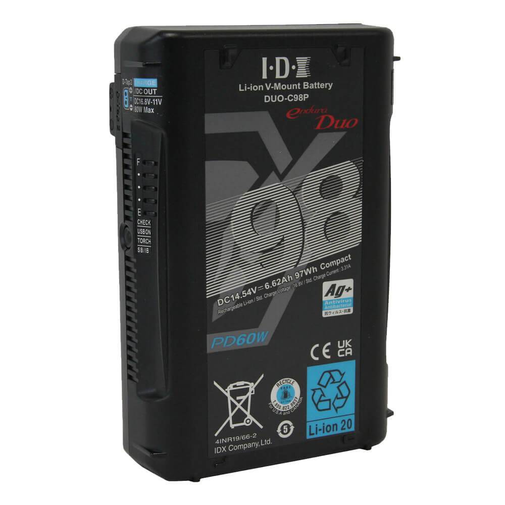 IDX System DUO-C98P 97Wh high-load V-mount Li-Ion battery for video cameras, shown with connectors and V-mount base. – image 1